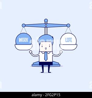 Businessman balance Work and life. Cartoon character thin line style vector. Stock Vector