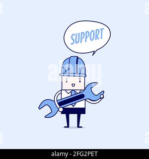 Businessman holding a wrench with balloon text support. Cartoon character thin line style vector. Stock Vector