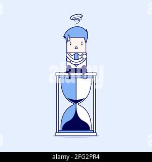 Businessman sitting on hourglass. deadline concept. Cartoon character thin line style vector. Stock Vector