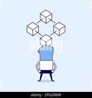 Businessman with block chain icon. Cartoon character thin line style vector. Stock Vector