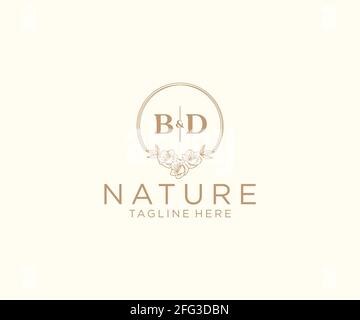 BD letters floral frames. Botanical feminine editable premade monoline unique decoration for greeting card, wedding invitation. Stock Vector