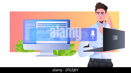 man communicating in instant messenger by voice messages audio chat application online communication Stock Vector