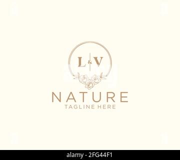 LV letters floral frames. Botanical feminine editable premade monoline unique decoration for greeting card, wedding invitation. Stock Vector