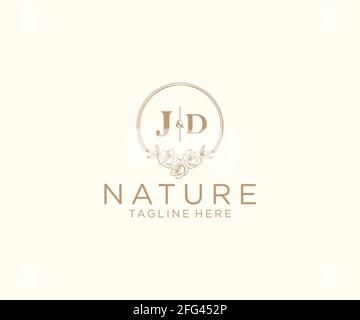 JD letters floral frames. Botanical feminine editable premade monoline unique decoration for greeting card, wedding invitation. Stock Vector