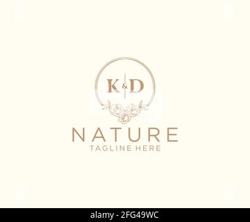 KD letters floral frames. Botanical feminine editable premade monoline unique decoration for greeting card, wedding invitation. Stock Vector