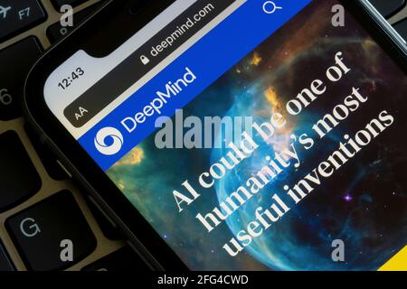Website homepage of DeepMind is seen on an iPhone. DeepMind Technologies is the AI subsidiary of Alphabet Inc. and research laboratory. Stock Photo