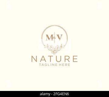 MV letters floral frames. Botanical feminine editable premade monoline unique decoration for greeting card, wedding invitation. Stock Vector