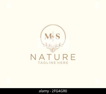 MS letters floral frames. Botanical feminine editable premade monoline unique decoration for greeting card, wedding invitation. Stock Vector