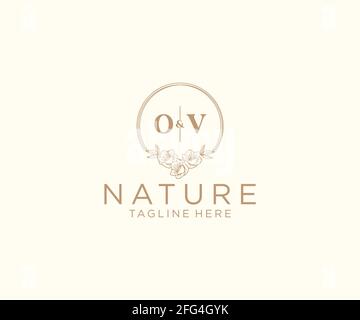 OV letters floral frames. Botanical feminine editable premade monoline unique decoration for greeting card, wedding invitation. Stock Vector