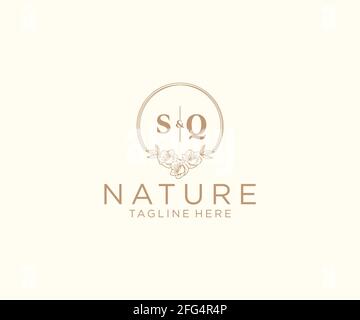 SQ letters floral frames. Botanical feminine editable premade monoline unique decoration for greeting card, wedding invitation. Stock Vector