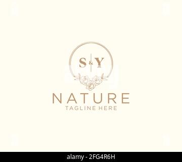 SY letters floral frames. Botanical feminine editable premade monoline unique decoration for greeting card, wedding invitation. Stock Vector