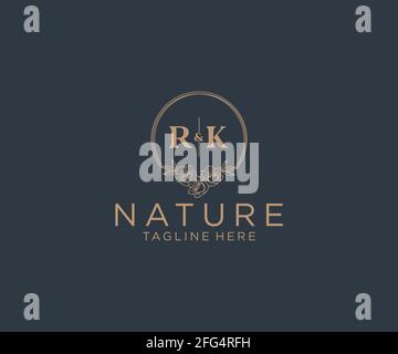 RK letters floral frames. Botanical feminine editable premade monoline unique decoration for greeting card, wedding invitation. Stock Vector
