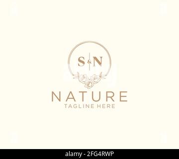 SN letters floral frames. Botanical feminine editable premade monoline unique decoration for greeting card, wedding invitation. Stock Vector