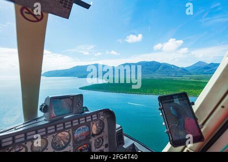 View over the Yarrabah Range from a Robinson R44 helicopter, Cairns, Far North Queensland, QLD, FNQ, Australia Stock Photo