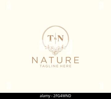 TN letters floral frames. Botanical feminine editable premade monoline unique decoration for greeting card, wedding invitation. Stock Vector
