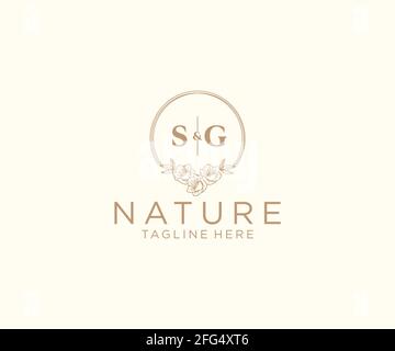 SG letters floral frames. Botanical feminine editable premade monoline unique decoration for greeting card, wedding invitation. Stock Vector