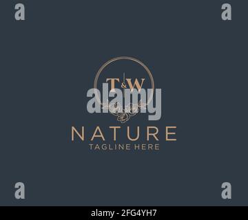 TW letters floral frames. Botanical feminine editable premade monoline unique decoration for greeting card, wedding invitation. Stock Vector