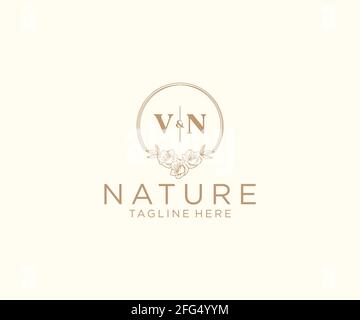 VN letters floral frames. Botanical feminine editable premade monoline unique decoration for greeting card, wedding invitation. Stock Vector