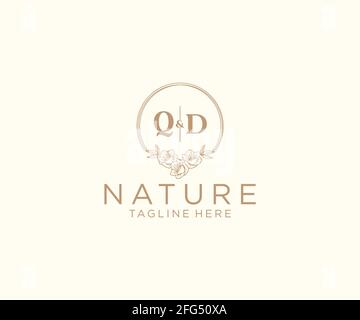 QD letters floral frames. Botanical feminine editable premade monoline unique decoration for greeting card, wedding invitation. Stock Vector