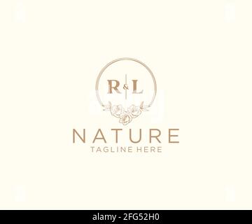 RL letters floral frames. Botanical feminine editable premade monoline unique decoration for greeting card, wedding invitation. Stock Vector