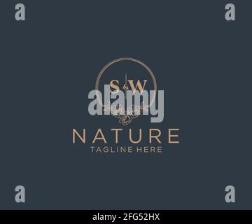 SW letters floral frames. Botanical feminine editable premade monoline unique decoration for greeting card, wedding invitation. Stock Vector