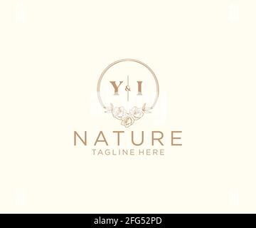 YI letters floral frames. Botanical feminine editable premade monoline unique decoration for greeting card, wedding invitation. Stock Vector