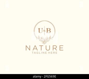 UB letters floral frames. Botanical feminine editable premade monoline unique decoration for greeting card, wedding invitation. Stock Vector