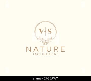 VS letters floral frames. Botanical feminine editable premade monoline unique decoration for greeting card, wedding invitation. Stock Vector