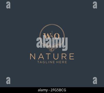 WO letters floral frames. Botanical feminine editable premade monoline unique decoration for greeting card, wedding invitation. Stock Vector
