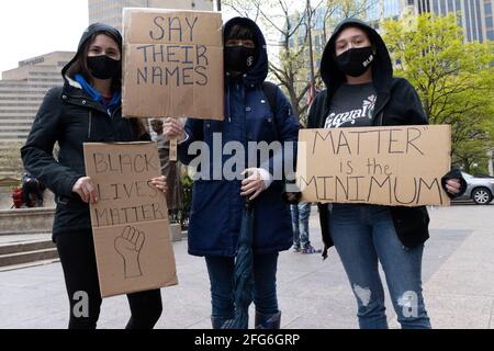 Columbus, United States. 24th Apr, 2021. Black Lives Matter activists hold placards during the demonstration.Black Lives Matter activists gathered in front of the Ohio Statehouse to protest against the police killing of a 16 year old Ma'Khia Bryant this past Tuesday in Columbus, Ohio. The protest was named “Show your CROCS for Ma'Khia Bryant!” because Bryant was shot and killed while wearing Croc shoes. (Photo by Stephen Zenner/SOPA Images/Sipa USA) Credit: Sipa USA/Alamy Live News Stock Photo