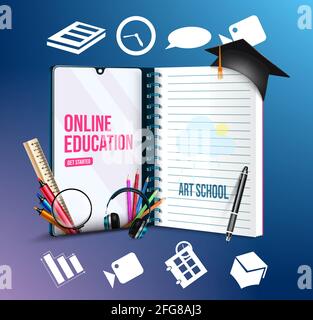 Online education vector concept design. Online education art school text in mobile phone with notebook and digital education icon for creative. Stock Vector