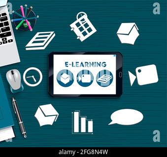 E-learning education vector banner background. E-learning text in smart phone mobile app with digital icons and device like laptop and mouse. Stock Vector