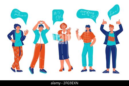 Happy successful business team showing OK and other approval signs with positive sayings in speech bubbles over their heads, cartoon vector illustrati Stock Vector