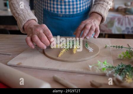 Senior female artisan creating handmade ceramics in pottery studio making composition of flowers on plate. Stock Photo