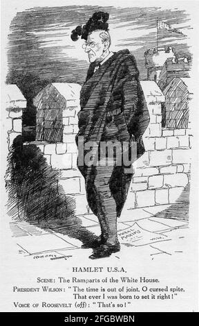 Engraving of US President Wilson considering his nation's involvement in World War One. From Punch magazine, 1916. Stock Photo