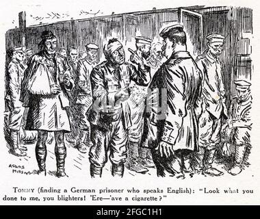 Engraving of a British Tommy offering a German soldier a cigarette during World War One. From Punch magazine. Stock Photo