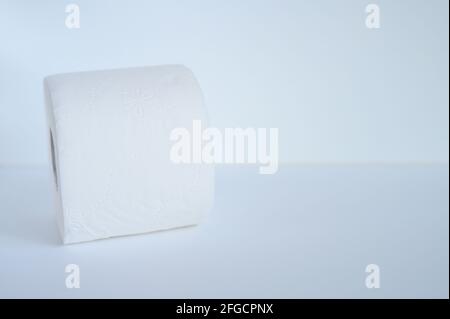 rolled white toilet paper in a white background. space for text Stock Photo