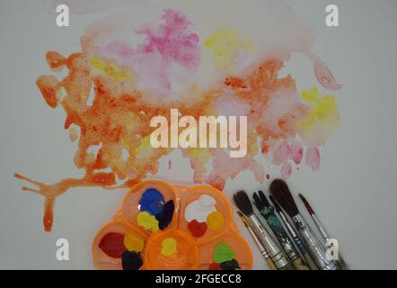 Colorful ,blue , red, Yellow, white, pink watercolor  painting  brush stroke Stock Photo
