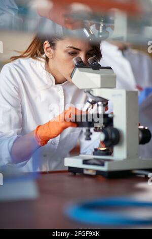 A young female student looking through a microscope in a sterile laboratory environment. Science, chemistry, lab, people Stock Photo