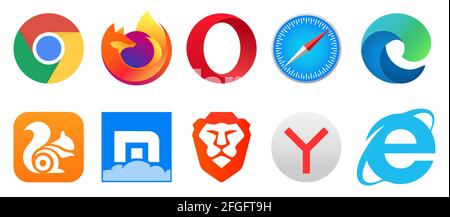 Vinnytsia, Ukraine - April 21, 2021: Set of popular logo internet browsers. Google Chrome, Mozilla Firefox, Opera, Safari, Microsoft Edge, UC Browser, Stock Vector