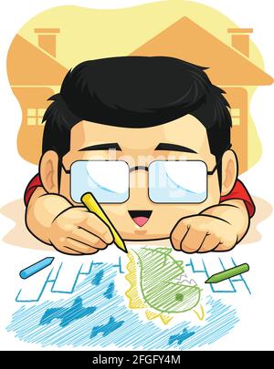 Boy Drawing Doodling Child Education Activity Cartoon Illustration Stock Vector