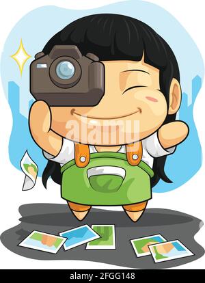 Photographer Girl Taking Picture Dslr Camera Cartoon Vector Drawing Stock Vector