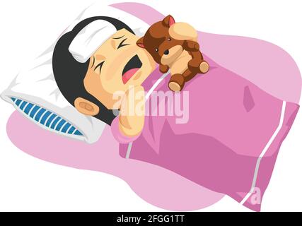 Sick Cold Compressed Kid Fever Flu Illness Cartoon Illustration Stock Vector