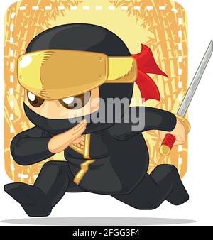 Cartoon Ninja Holding Japanese Sword Illustration Mascot Drawing Stock Vector