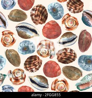 Bright watercolor seamless pattern with colorful sea shells for decorative design. Artistic backdrop. Watercolor abstract marine background. Stock Photo