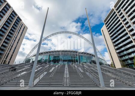 Wembley Park, London, UK. 25th Apr, 2021. 8,000 spectators are expected at Wembley Stadium this afternoon for the Carabao Cup Final. Todays match, Manchester City vs Tottenham Hostpur, will be the largest crowd to attend a sporting event in a major British stadium for more than 12 months Credit: amanda rose/Alamy Live News Stock Photo