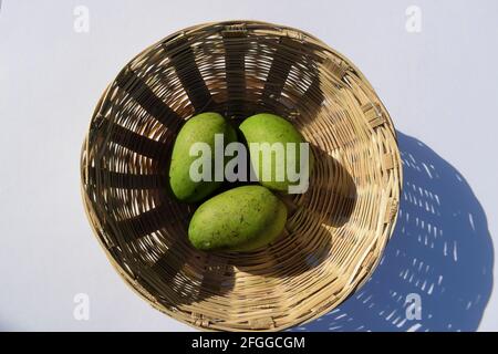 Fresh raw green Mangoes in basket from India Asian. Asian raw unripe green organic mango in wicker basket. plucked fresh Stock Photo