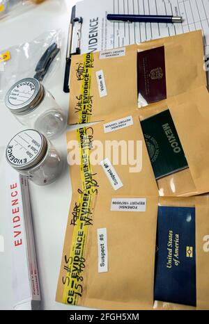 Different passports decommissioned in police investigation unit, conceptual image Stock Photo