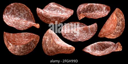 Thin salami smoked sausage slices on black background Stock Photo