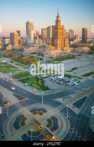 Aerial photo of Warsaw city skyline in Poland at sunset Stock Photo - Alamy